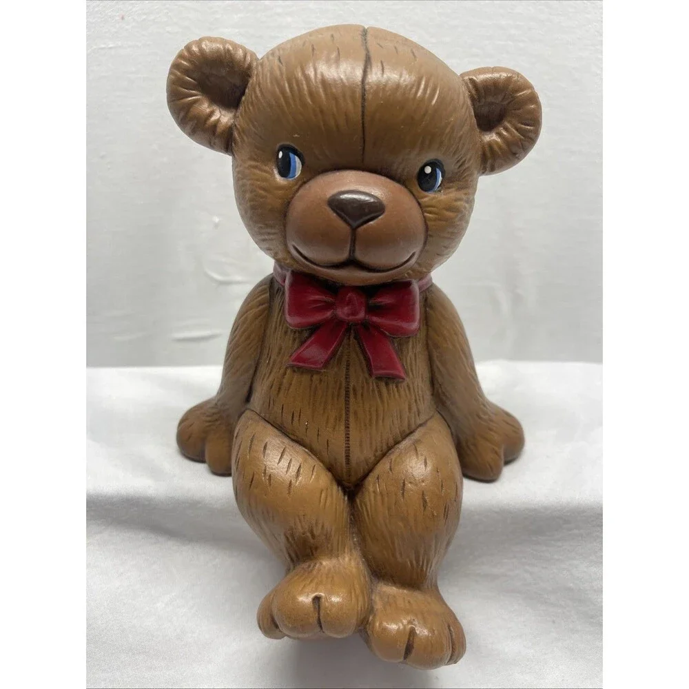 Vintage 1980's BROWN TEDDY BEAR RED BOW Shelf Sitter 8” Tall Child’s Room Decor